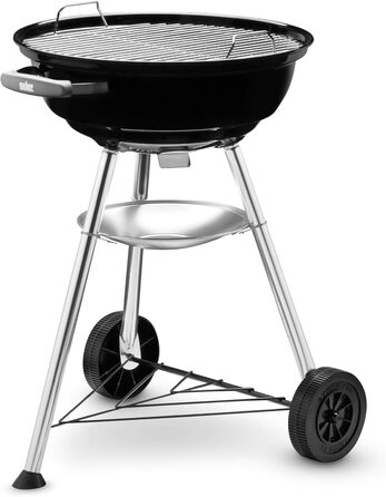 Вугільний гриль Weber Compact Kettle 47 см, порцелянове покриття, на тринозі з колесами, хромована решітка, чорний