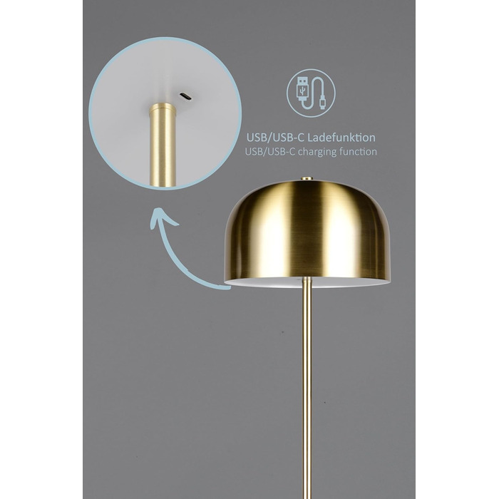 LED настільна лампа Julien, акумуляторна, USB-C, бездротова, диммування торканням, Ø 12 см, металева, 1,5W, матове латунь