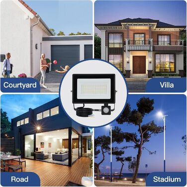 LED Floodlight 50W, Outdoor 5000LM, Spotlight 72 LED IP65 Waterproof, Outdoor Floodlight 6500K Cold White, 230V for Garage, Garden 【2 Pieces Black】 (50wgj 6500k Cold White, Motion Sensor)