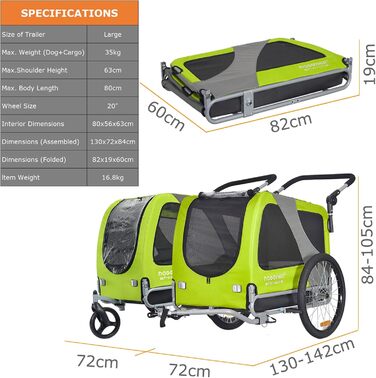 DOGGYHUT® Преміум великий велосипедний причіп для собак 2 в 1 / Візок-бігунок для собак / Причіп для собак великого розміру, 270 літрів, для собак середніх та великих порід до 35 кг (зелений / чорний)