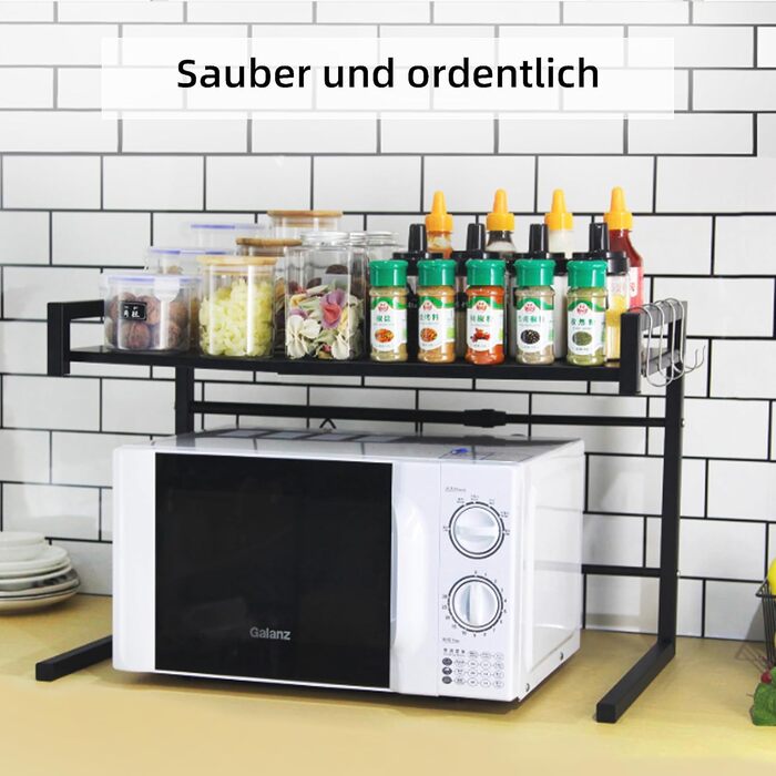 Стійка для мікрохвильової печі, 2-ярусна, чорна. Розширювана, з 6 гачками. Розміри: 36–57 x 36,5 x 80 см