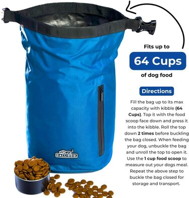 Сумка для корму для собак Callieco з міркою та кишенькою, водонепроникний контейнер для дому, подорожей, кемпінгу, 64 порції (Блакитний)