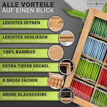 Paulson & Svenson® Sustainable Tea Box with 8 Compartments - Tea Bag Storage Made of Certified Bamboo Wood with Airtight Magnetic Closure and Viewing Window