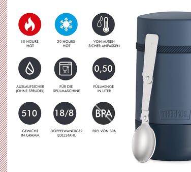 Thermos GUARDIAN Food Jar 0.50 l, lake blue, 500 ml food container blue, stainless steel, with spoon, Bonus Bowl for cereal, toppings, absolutely leakproof, leak-proof 500 ml with spoon Lake Blue Mat