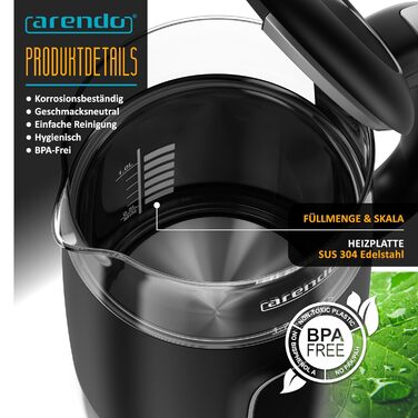 Електричний чайник Arendo зі скляною колбою, регулюванням температури, нержавіючою сталлю, подвійними стінками (Cool Touch), дисплеєм, бездротовим підключенням, 2200 Вт, 1,7 л, захистом від перегріву, функцією підтримання тепла, чорний