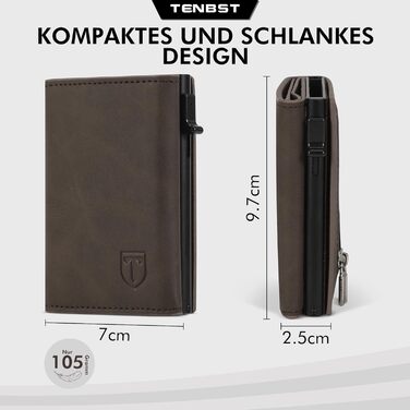 Чоловічий гаманець TENBST з відділенням для монет, Slim Wallet, картхолдер на 8-10 карт, RFID захист, преміум якість, портмоне, коричневий