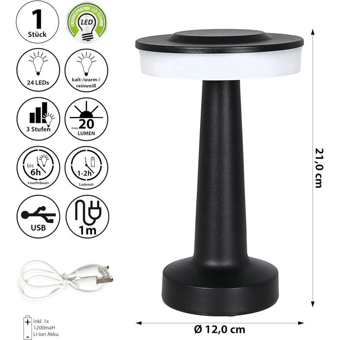 Cepewa LED настільна лампа 'Lille' з торканням, USB, регулювання яскравості, зміна кольору, тепле світло, чорний колір