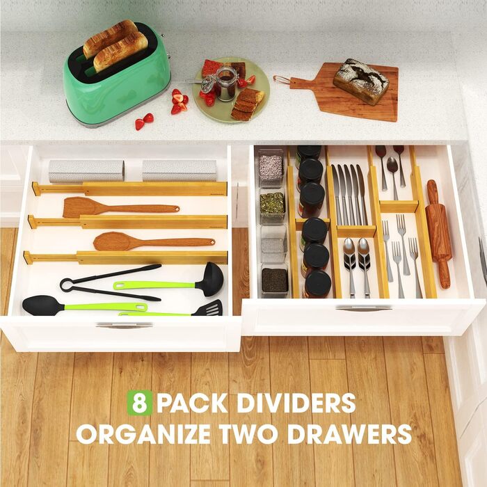 ANTOWIN Adjustable Drawer Dividers Bamboo (43-56 cm), Drawer organizer, spring-loaded, Kitchen, dresser, bathroom, bedroom, baby drawer, desk organization system