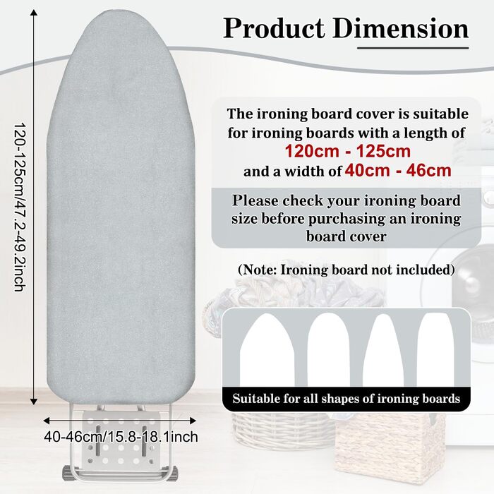 Чохол для прасувальної дошки з бавовни, 120-125x40-46 см, для прасувальних станцій, підходить для більшості дошок, колір сріблястий