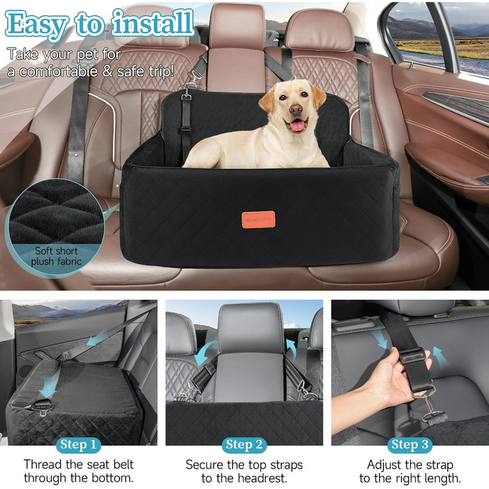 Автокрісло для собак середніх та великих порід, підйомник для собак, автоліжко для собак на заднє сидіння з 2 страхувальними ременями (Чорний)