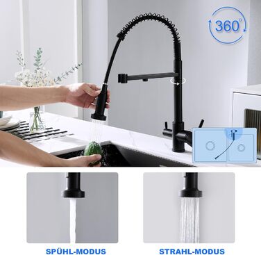 3-х стороння кухонна змішувач з поворотним гусаком 360°, 2 функції (з душем), 3 в 1, для фільтрів, з нержавіючої сталі та латуні, чорний