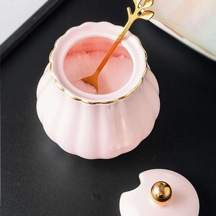 Ceramic Sugar Bowl with Spice Jars, Solid Color Sugar Bowl with Lid and Spoon, Ceramic Sugar Storage Jar, Porcelain Sugar Pot (Pink)