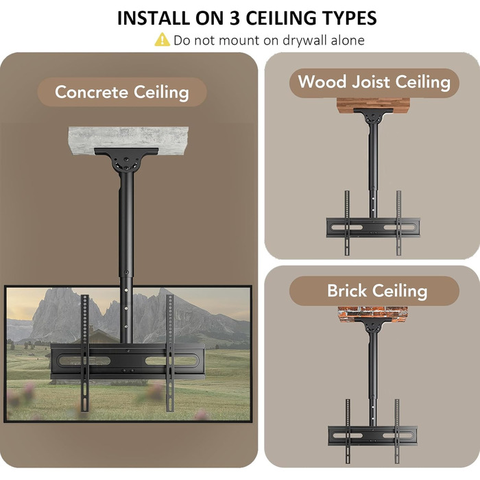 Adjustable TV Ceiling Mount for LED, LCD, OLED, and Plasma TVs - 26-65 Inch, 50kg Capacity, 400x400mm VESA, Black (AX11TB01)