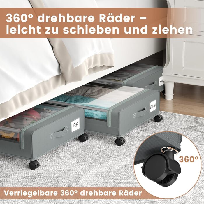 Коробки для зберігання під ліжко PHINOX з роликами, сірі, 2 шт (74x42x16 см) - коробки-органайзери для одягу, взуття, іграшок з прозорою кришкою