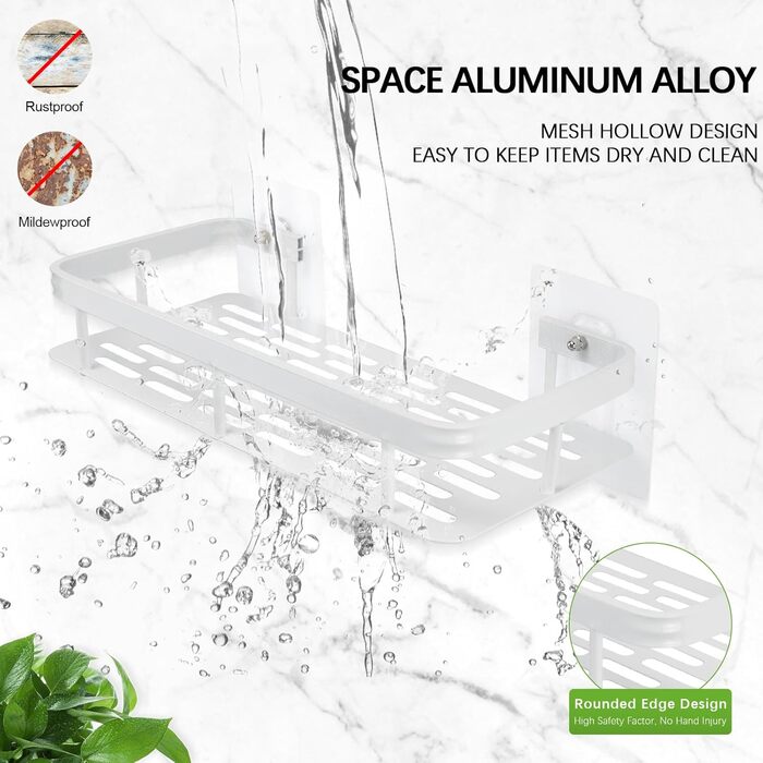 Дзеркальна поличка для душу без свердління, 2 шт. Біла, з нержавіючої сталі, з 4 гачками та 8 клейких поверхонь. Підходить для ванної кімнати та кухні.