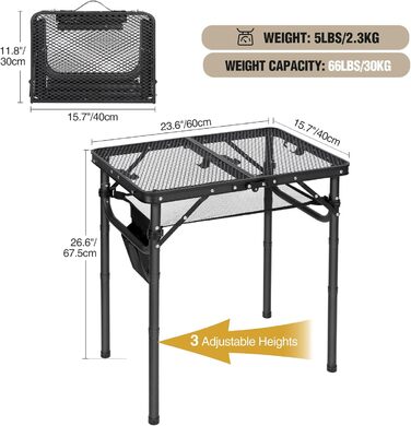 Складний стіл для кемпінгу REDCAMP 60x40 см для пікніка, BBQ, приготування їжі - легкий, алюмінієвий, з регульованими ніжками, чорний