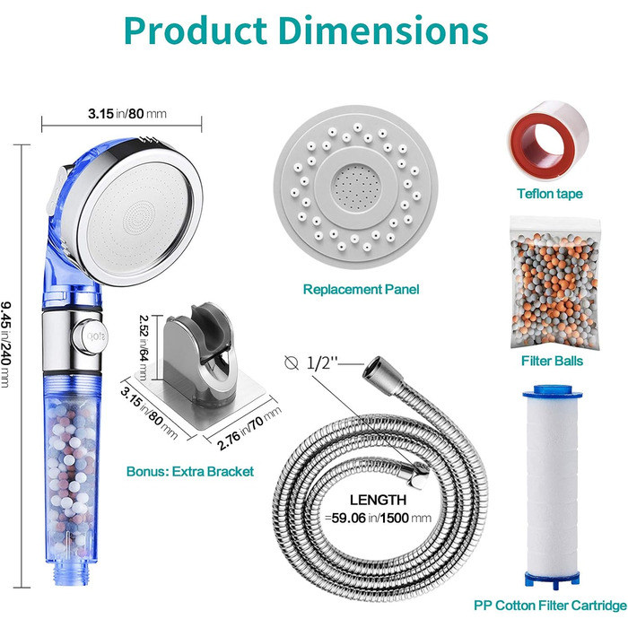 MIAOHUI Blue Eco Filter Showerhead with Ion Filter and Scale Filter, Pressure Boosting Hand Shower, Water-Saving with Filter Equipped, Hose, Holder, PP Cotton, Pack of Filter Balls, Panel