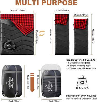 Спальний мішок двомісний ETGLCOZY для дорослих та дітей, XL Queen Size, 220*160 см, для кемпінгу, походів, трекінгу, вологостійкий, з компресійним мішком (чорний/червоний)