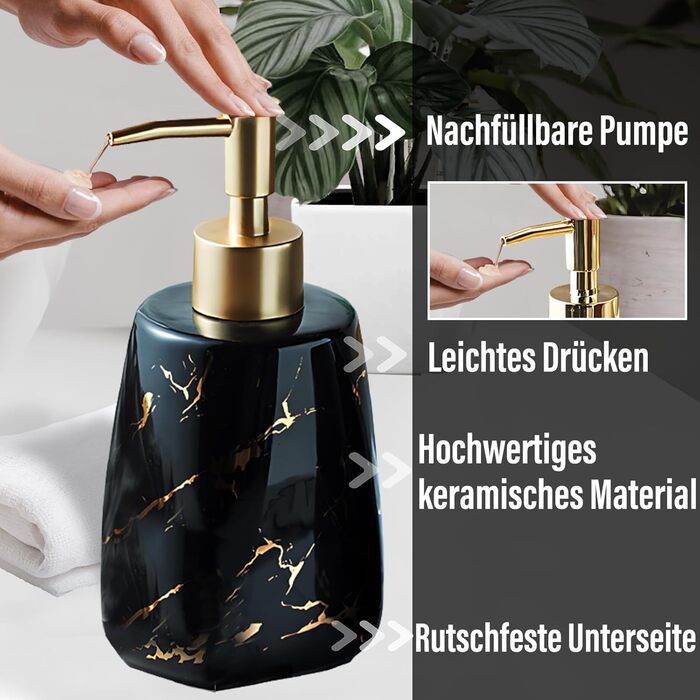 Набір аксесуарів для ванної кімнати XUDREZ з малюнком мармуру, кераміка, набір з 3 предметів: дозатор для лосьйону, стаканчик для зубних щіток, мильниця, чорний глянцевий, преміум якість