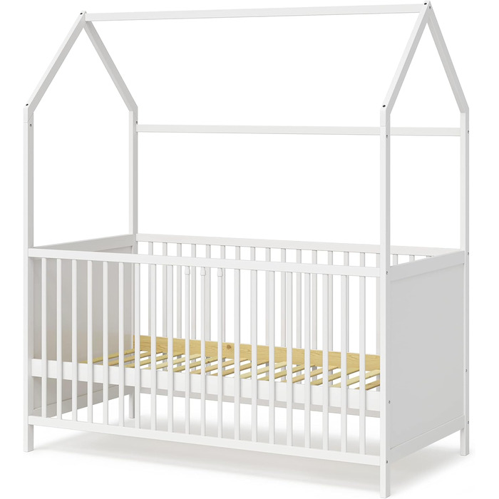 Bellabino Nika Babybett in House Style 70 x 140 cm, crib and house bed for children and babies made of solid pine wood in white, 3-fold height adjustable including slatted frame