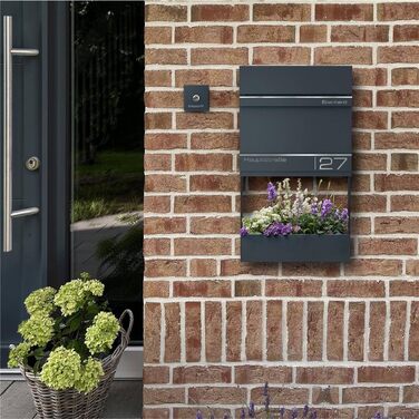 Поштова скринька Metzler Hermann Anthrazit RAL 7016 з газетницею та номерним знаком – персоналізована лазерним гравіюванням. Сучасна водонепроникна та антикорозійна поштова скринька