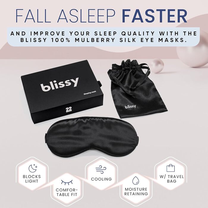 Шовкова маска для сну Blissy – повне затемнення, 100% шовк, 22 Momme, 6a, для жінок та чоловіків (Чорний)