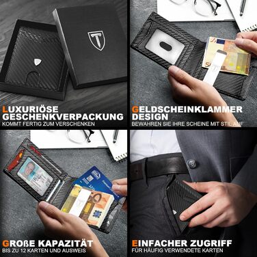 Чоловічий тонкий гаманець RFID захистом з карбонової шкіри, Portmonee з 11 відділеннями для карток, віконцем для ID, відділенням для грошей, мінімалістичний гаманець з подарунковою коробкою - Чорний