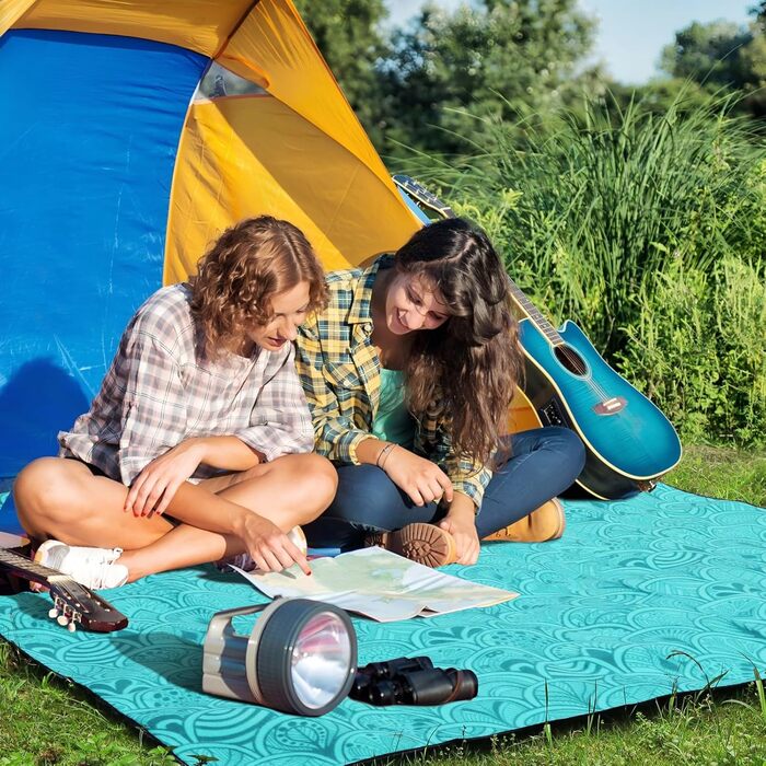 Плед для пікніка водонепроникний XXL (200x150 см) Pfauenblau для 4-6 осіб, пляжний килим для кемпінгу та походів з ручкою