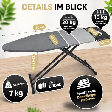 Прасувальна дошка Avieto XXL 124x43 см для парогенератора та праски | 5-шарове покриття, відбиття тепла, GlideCharge & Park Place