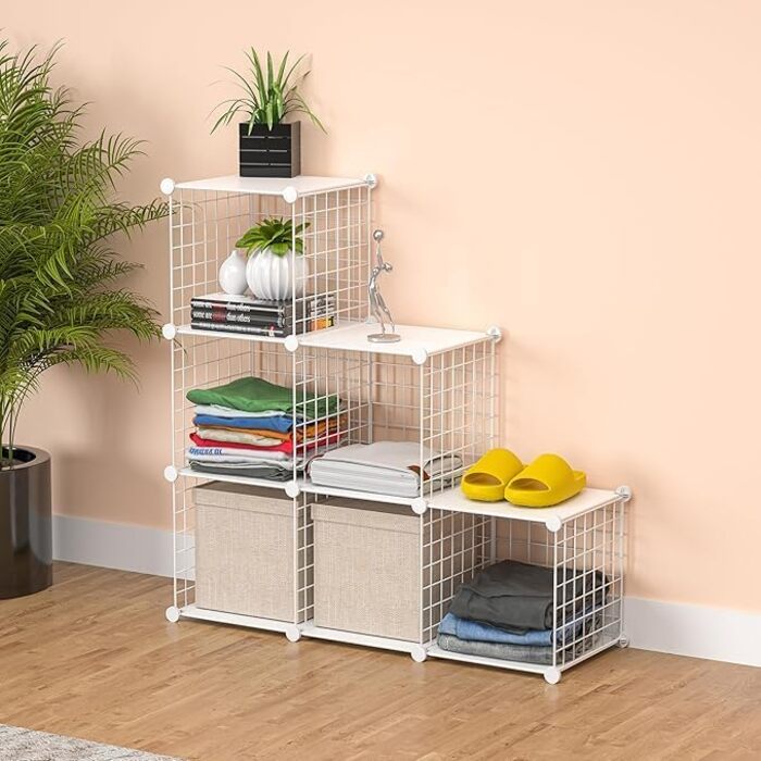 TUMUCUTE Storage Shelf with 9 Cubes, Plastic, Closet, Modular, Bookshelf, Storage Shelves for Bedroom, Living Room, Office, (White Plastic-Iron, 6 Cubes)