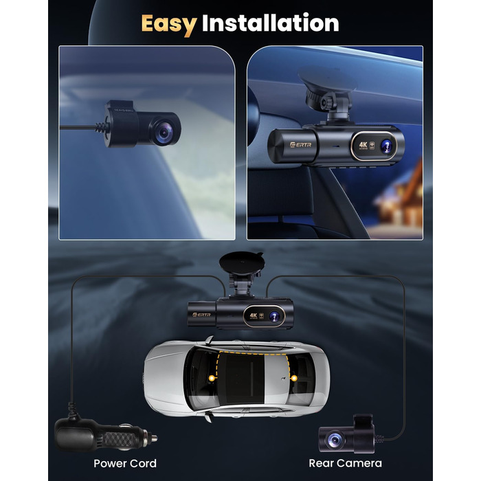 3-канальний 4K відеореєстратор для авто з камерою заднього виду, Wi-Fi, G-сенсором та нічною зйомкою, 4K+1080P+1080P, 64GB SD-карта в комплекті