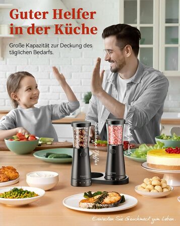 Електричні мельниці для солі та перцю 2 шт. з нержавіючої сталі, акумуляторні, з LED-підсвічуванням, регульоване керамічне подрібнення, щітка для чищення