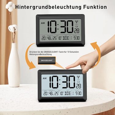 LATEC Wall Clock Digital, Digital Wall Clock with Temperature and Humidity Display, Radio Clock Digital with Backlight, Date, Day of the Week, Large, 20 x 13 x 1.2 cm (with batteries)