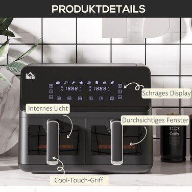 Фритюрниця HOMCOM з двома зонами, 8 л, 2500 Вт, 8 програм, антипригарне покриття, чорна