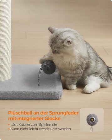 Feandrea Cat Tree, 85 cm tall, scratching post, 13 cm thick trunk, cat tree, scratching trunk for medium and large cats, sisal trunk, with plush ball and bell, Dove Gray PCA041G01