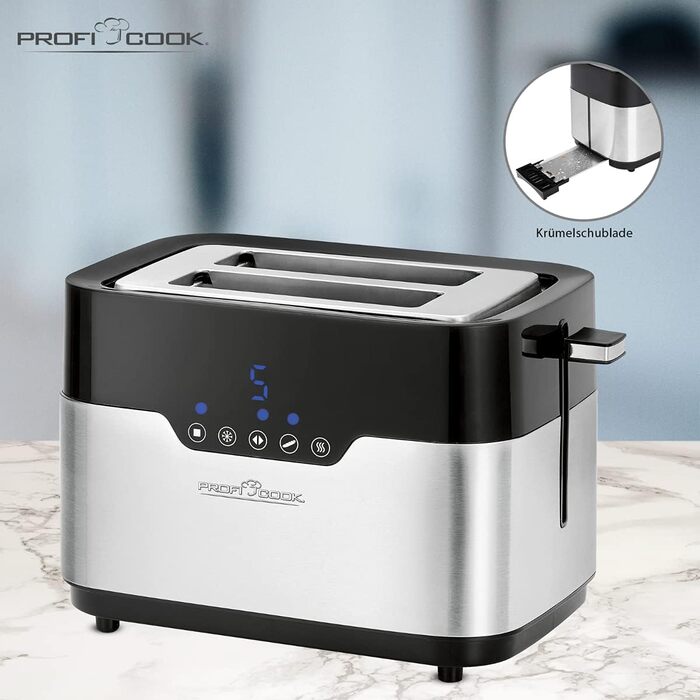 Тостер ProfiCook PC-TA 1250/1170 Inox: 2 слоти, нержавіюча сталь, 850 Вт, 7 рівнів підсмажування, знімний піднос для бургерів