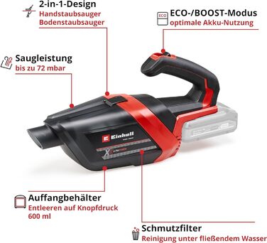 Акумуляторний пилосос ручний Einhell TE-HV 18/06 Li-Solo Power X-Change (18V, 72 мбар, насадки в комплекті, 0.6 л, без акумулятора)
