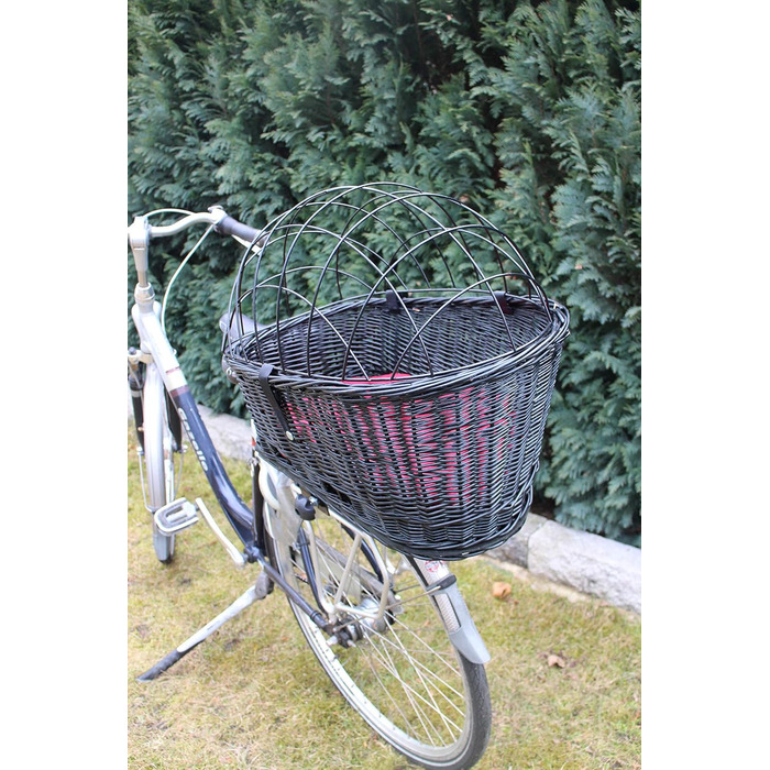Корзина для велосипеда для перевезення багажу з лози з металевою сіткою та подушкою, чорна XL або XXL. Підходить для собак та інших тварин. Розміри XXL: 60 x 40 x 50 см (без подушки).