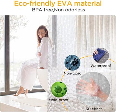 Шторка для душу AiQInu 180x200 см, 3D Eva, прозора, антигрибкова, водонепроникна, для ванної кімнати, з 12 гачками