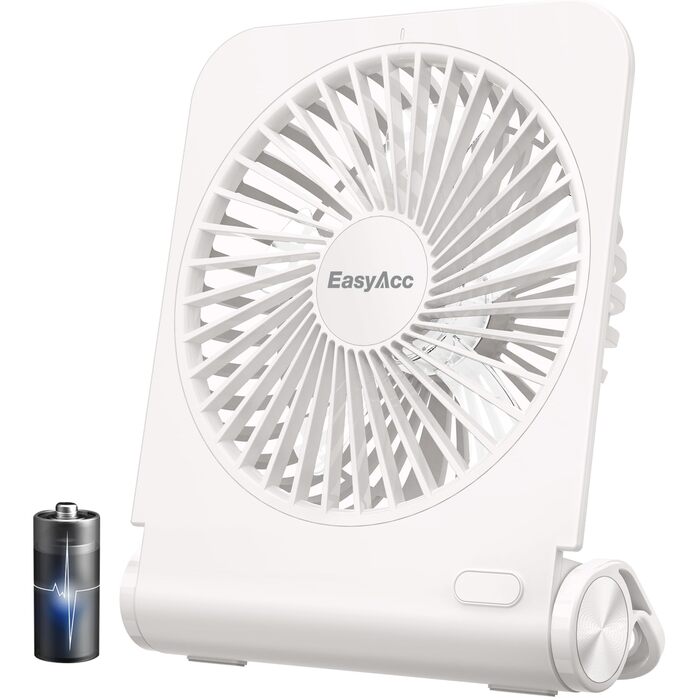 EasyAcc USB вентилятор: мініатюрний, тихий, настільний з гарантією 2 роки. Потужний, з 3 швидкостями, поворот на 360 градусів. Ідеальний для офісу, дому, робочого столу. (Білий, прямокутний, акумулятор 4000mAh)