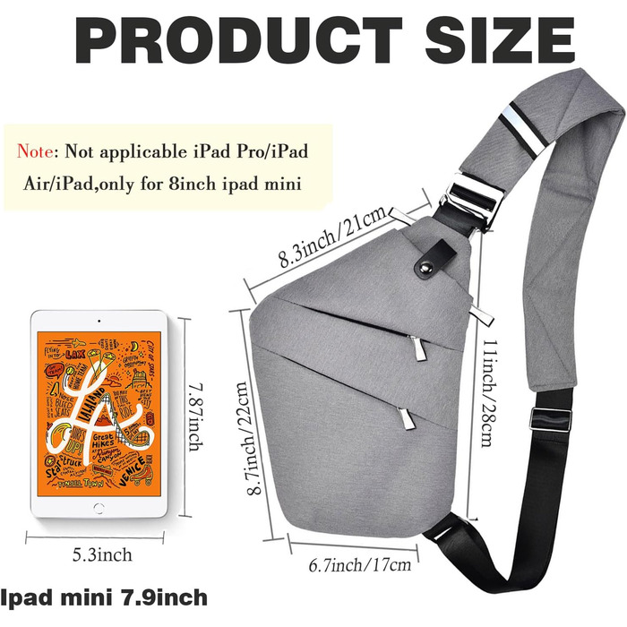 Сумка на груди Fibrdoo, антикрадіжна, через плече, чоловіча/жіноча, сіра, для подорожей, спорту та активного відпочинку