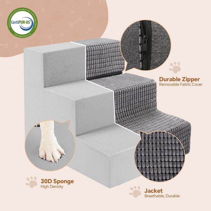 Sytopia Dog Stairs 40 cm high, 3 steps, Dog stairs for bed, sofa for small dogs, pet stairs washable, foam stairs, for injured older dogs (34cm height, Grey) (3 steps dog stairs (H:34CM), Foam (High-Density Memory) and Maize Velvet)