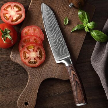 Ніж Santoku Wakoli EDIB Damast I 17 см, лезо з 67 шарів з VG10-сталі, з ручкою з паккавуду. Професійний кухонний ніж з дамаської сталі в подарунковій коробці, без гравіювання.