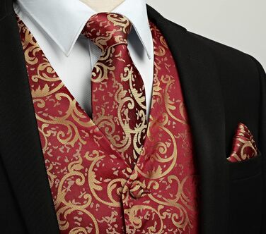 Костюм чоловічий HISDERN: жилет, краватка, кишеньковий хустинка з візерунком павазочок, бургунді XXL