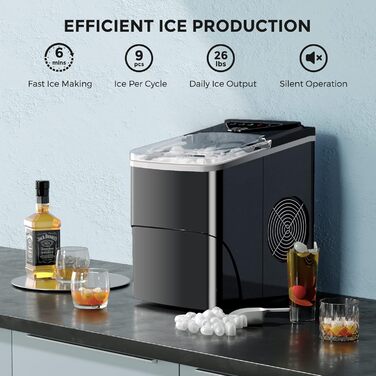 Portable Ice Maker - Fast Cube Ice Machine for Home, Kitchen, Office, Bar (Black)