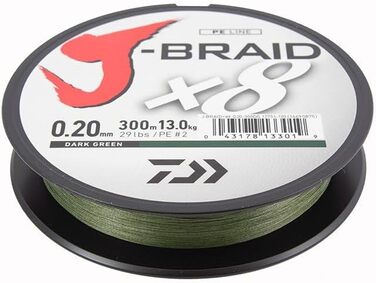Daiwa J-Braid 8 Braid 0.16mm, 9.0kg / 20.0lbs, 300m dark green, round braided fishing line