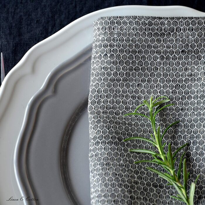 Linen & Cotton Schön Edel 4 x Cloth Napkins Honeycomb - 100% Linen, Black Beige Gray (47 x 47cm) Napkins Fabric Linen Napkins Table Decoration for Wedding Party Catering Christmas