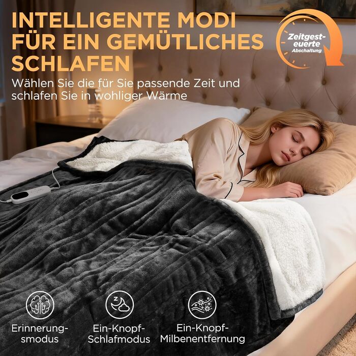 Електрична ковдра VIWAVE з автовимкненням, 6 режимів нагріву, таймер 6 годин, цифровий регулятор, захист від перегріву, 130x180 см