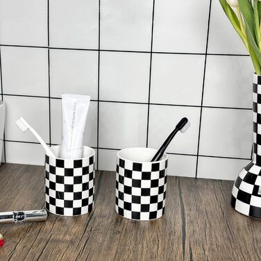 Bathroom Toothbrush Holder, Bathroom, Toothbrush Holder Set, Modern, Cute, Toothbrush and Toothpaste Holders for Bathroom, Countertop, Organizer, Black and White Plaid Decor