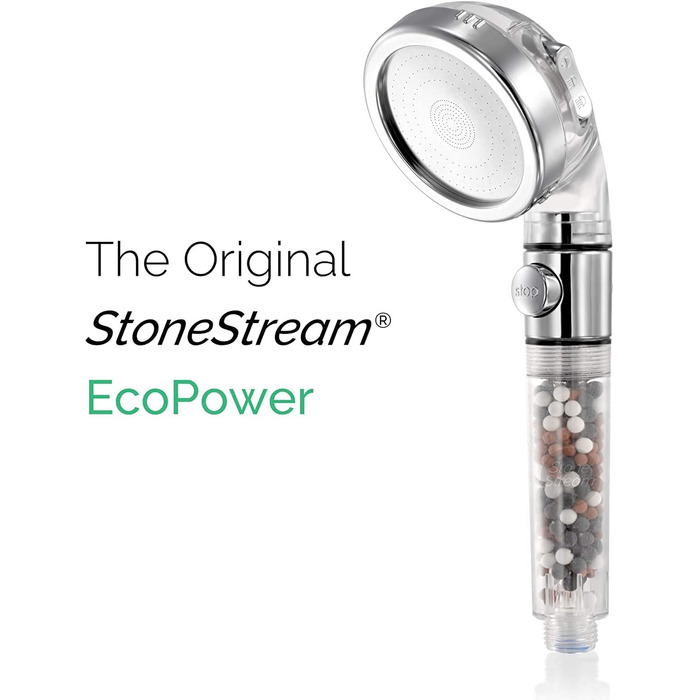 Original StoneStream Showerhead, Eco Power High-Pressure Water Softener, Filtered Handheld Shower with Spa-Like Ion Beads for Dry Skin and Hair – 3 Spray Settings